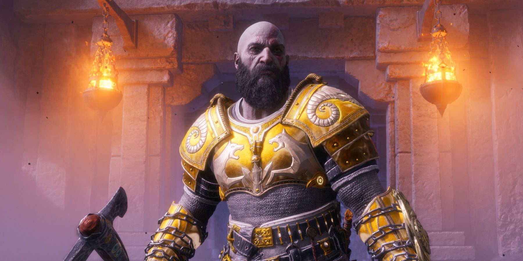A screenshot of Kratos wearing gold armor in God of War Ragnarok Valhalla.