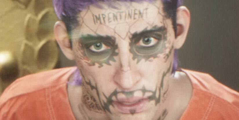 A screenshot of a tattoted criminal being taken to court in Grand Theft Auto 6.