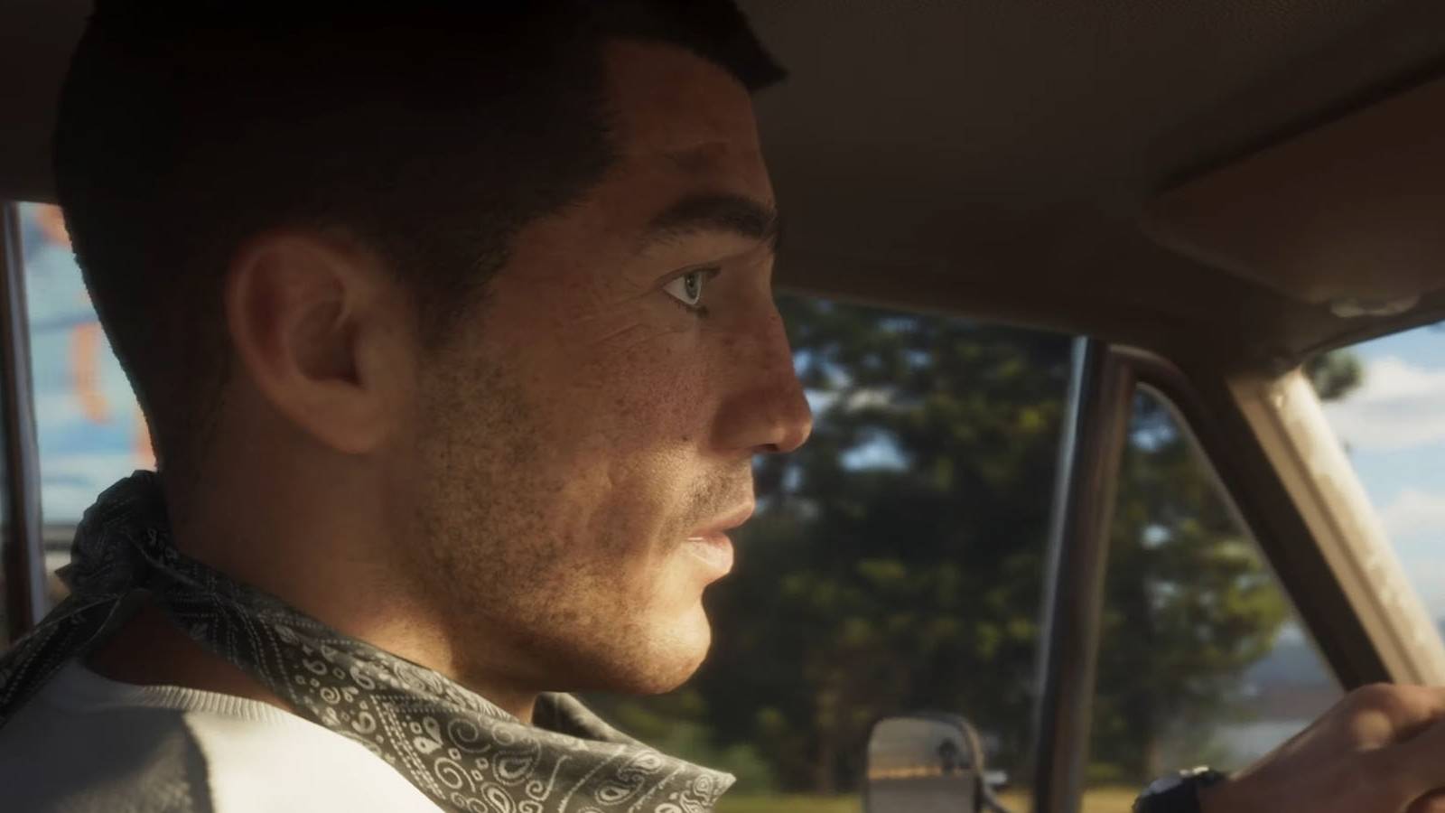 A screenshot of Grand Theft Auto 6's male protaonist driving in Vice City.