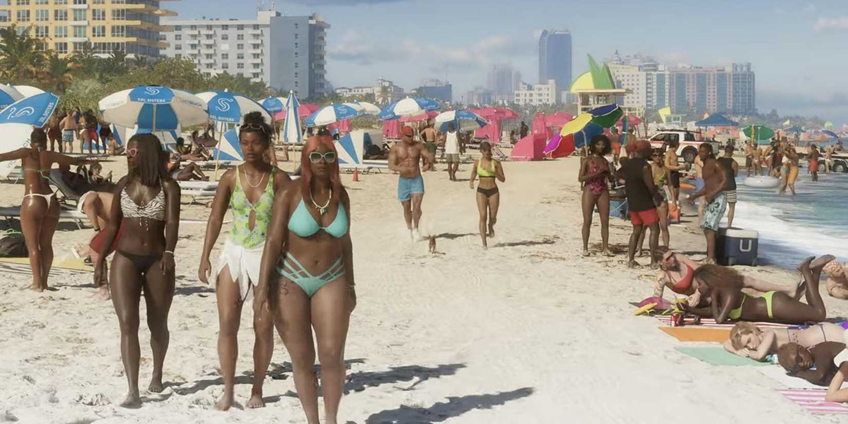 A screenshot of multiple NPC characters mingling at a beach in Grand Theft Auto 6.