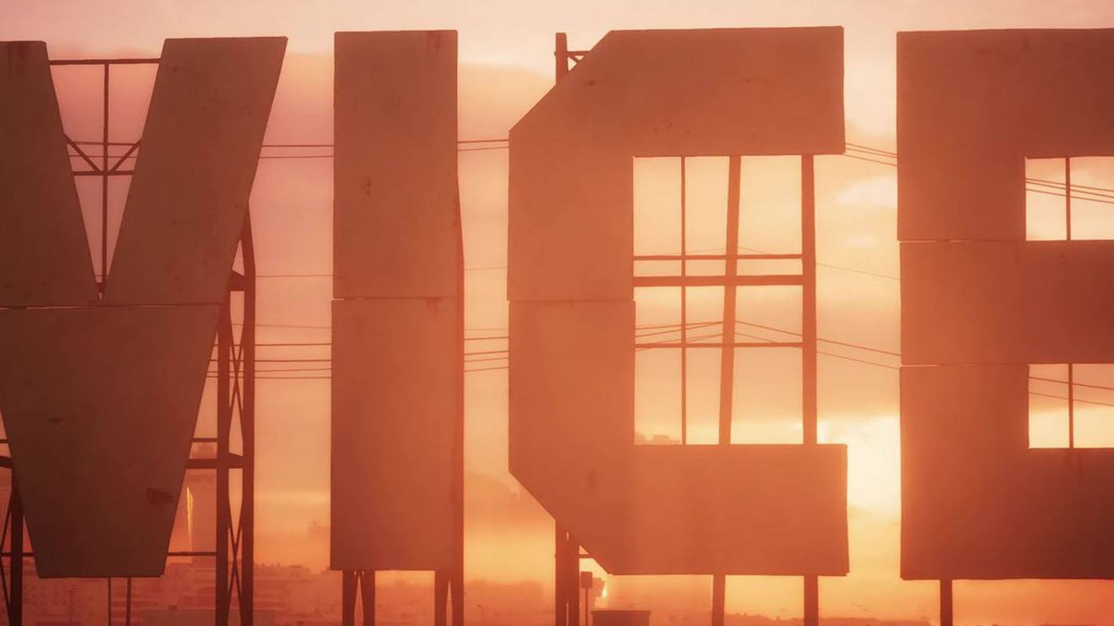 A screenshot of the Vice City sign at sunset in Grand Theft Auto 6.