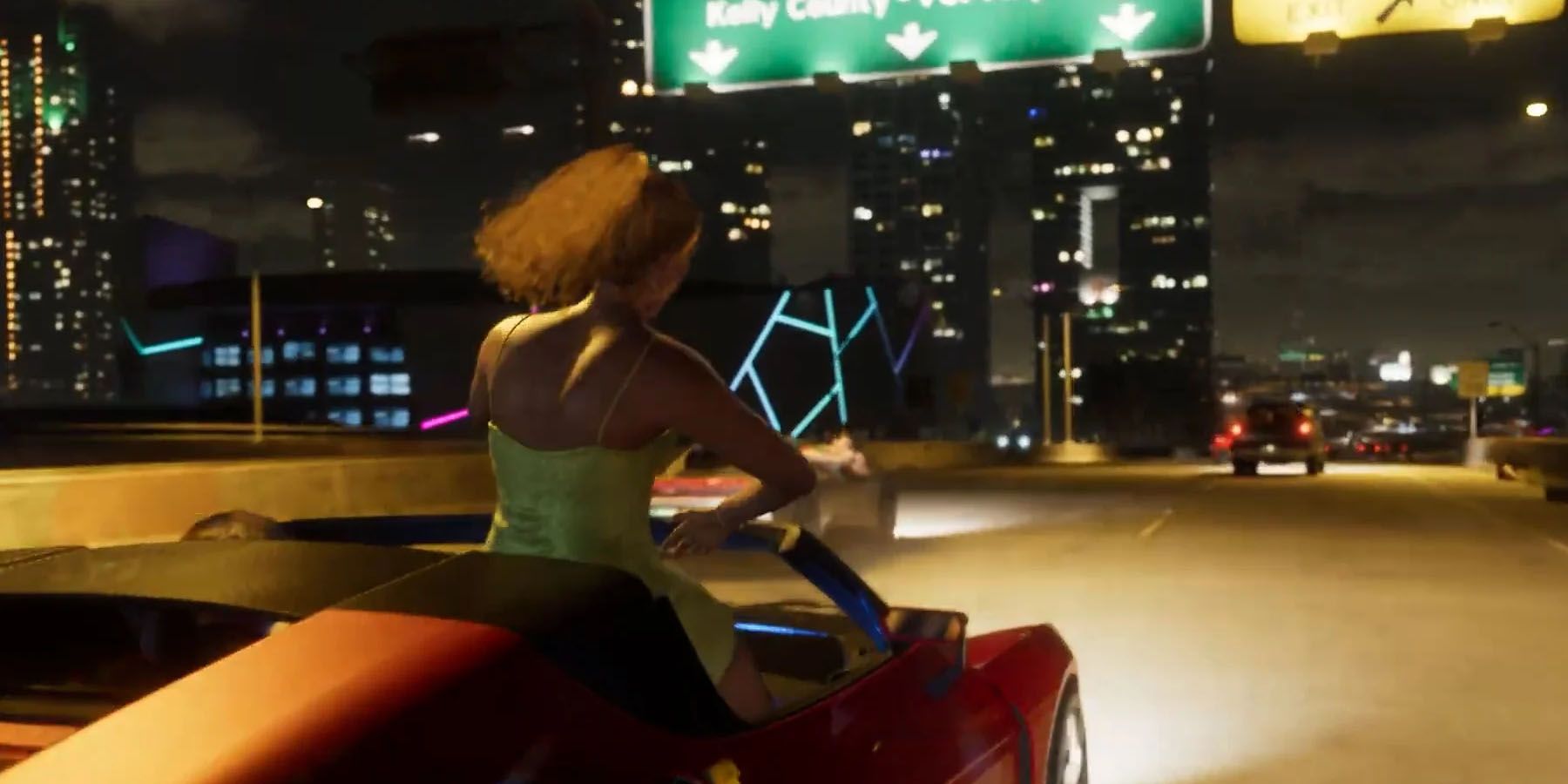 A screenshot of an NPC riding in a car at night in Grand Theft Auto 6.