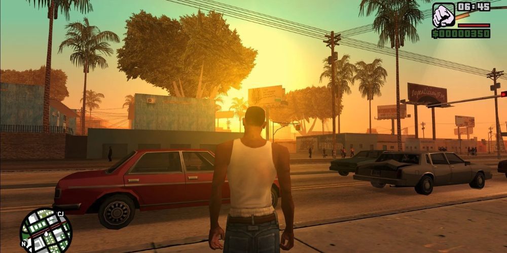 CJ parado nas ruas de Los Santos em GTA: San Andreas.