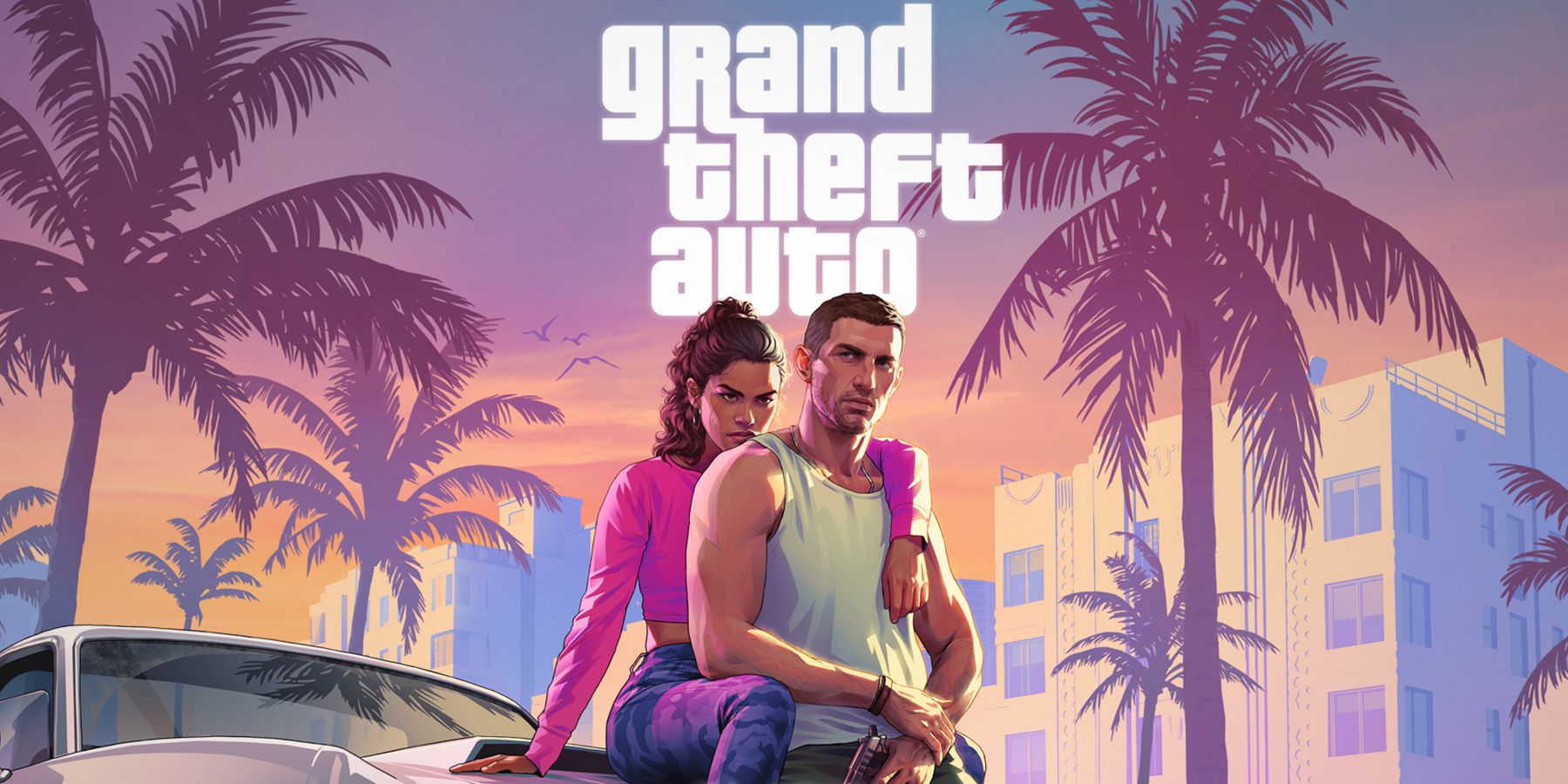 Grand Theft Auto VI GTA 6 announcement artwork Lucia hugging Jason crop