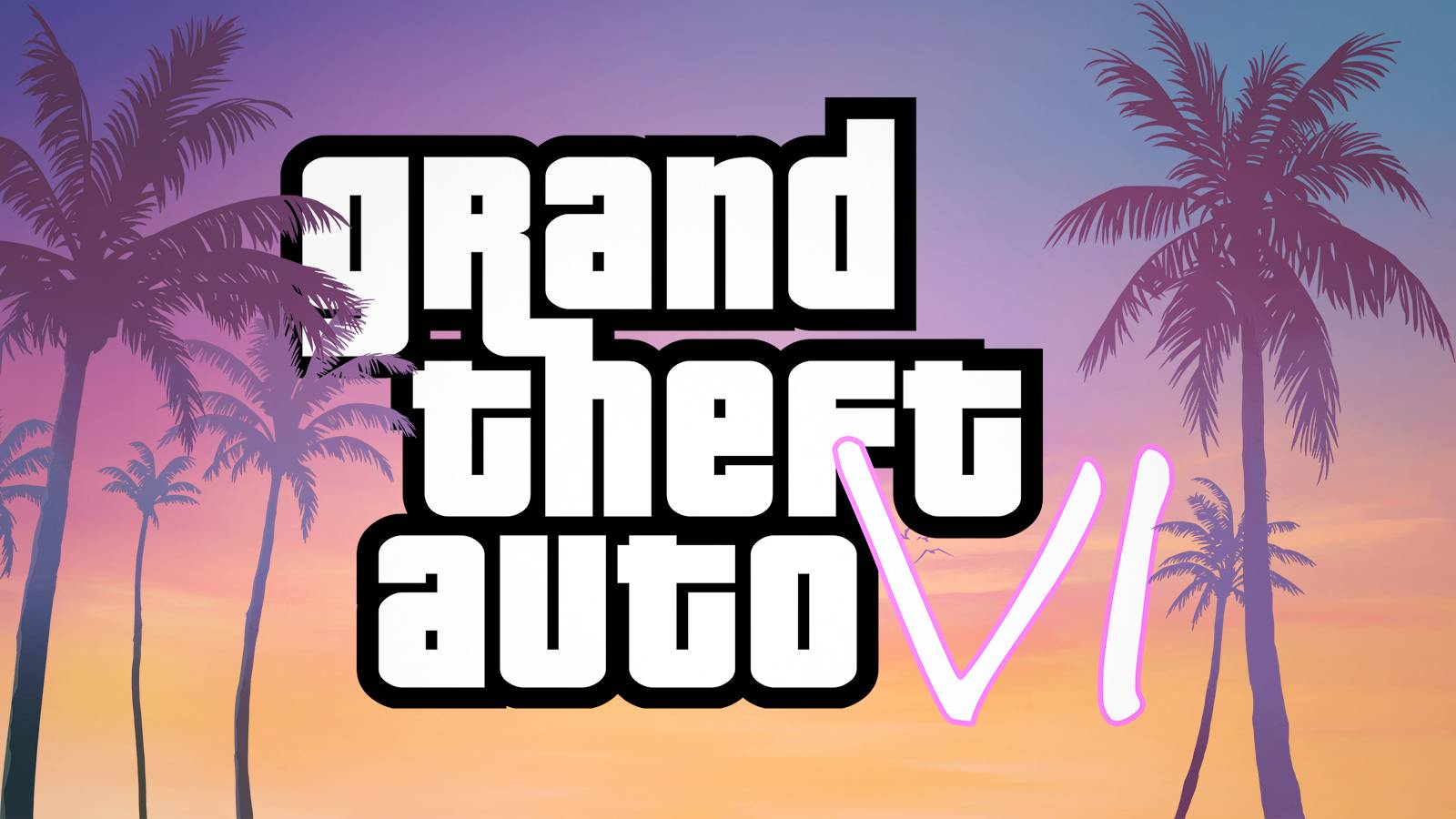 Grand Theft Auto VI GTA 6 mockup logo behind official teaser artwork palm trees sunset