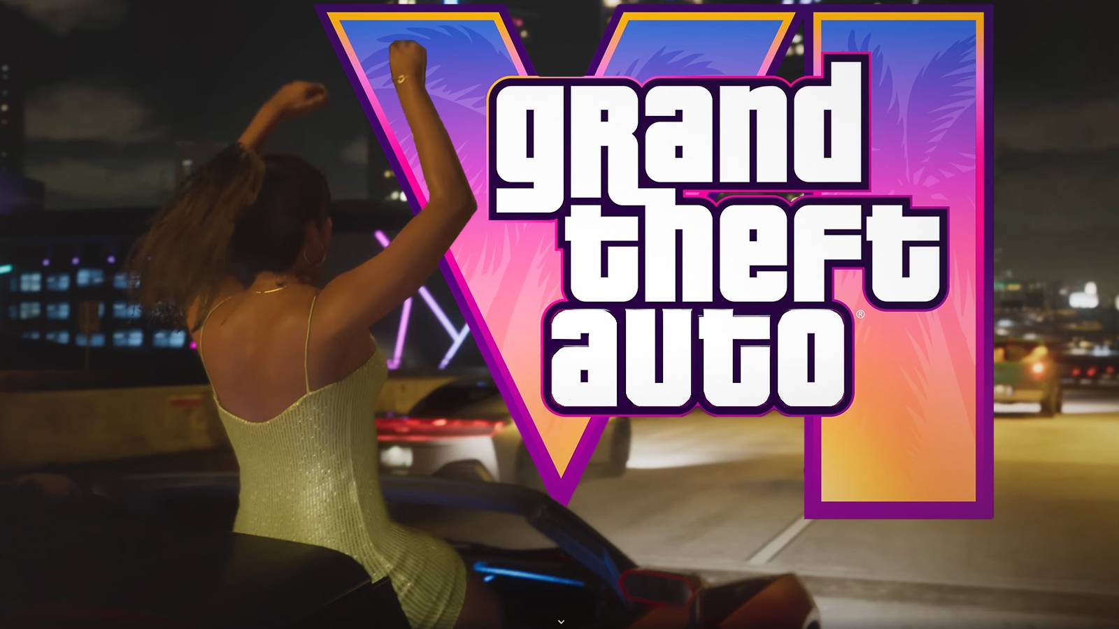 Grand Theft Auto VI GTA 6 trailer still Lucia standing in moving convertible car with game logo