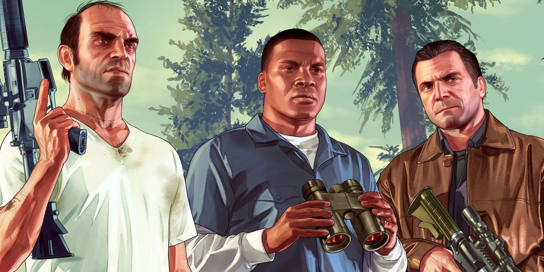 A promotional image fo Trevor, Michael and Franklin in Grand Theft Auto 5.