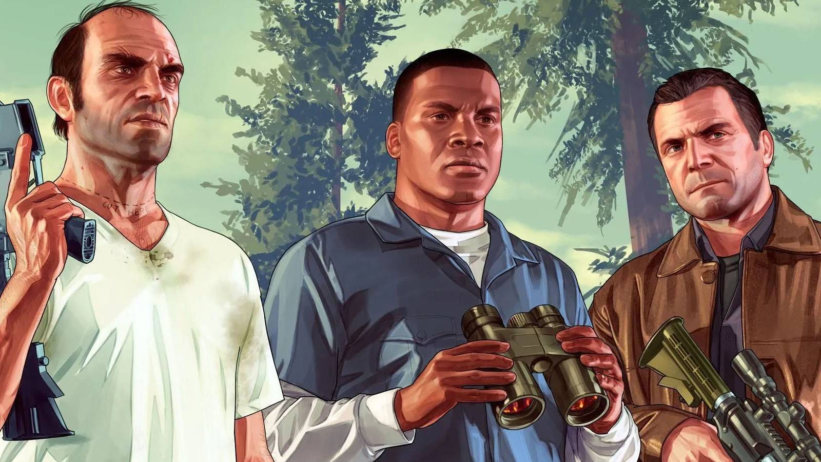 A promotional image fo Trevor, Michael and Franklin in Grand Theft Auto 5.