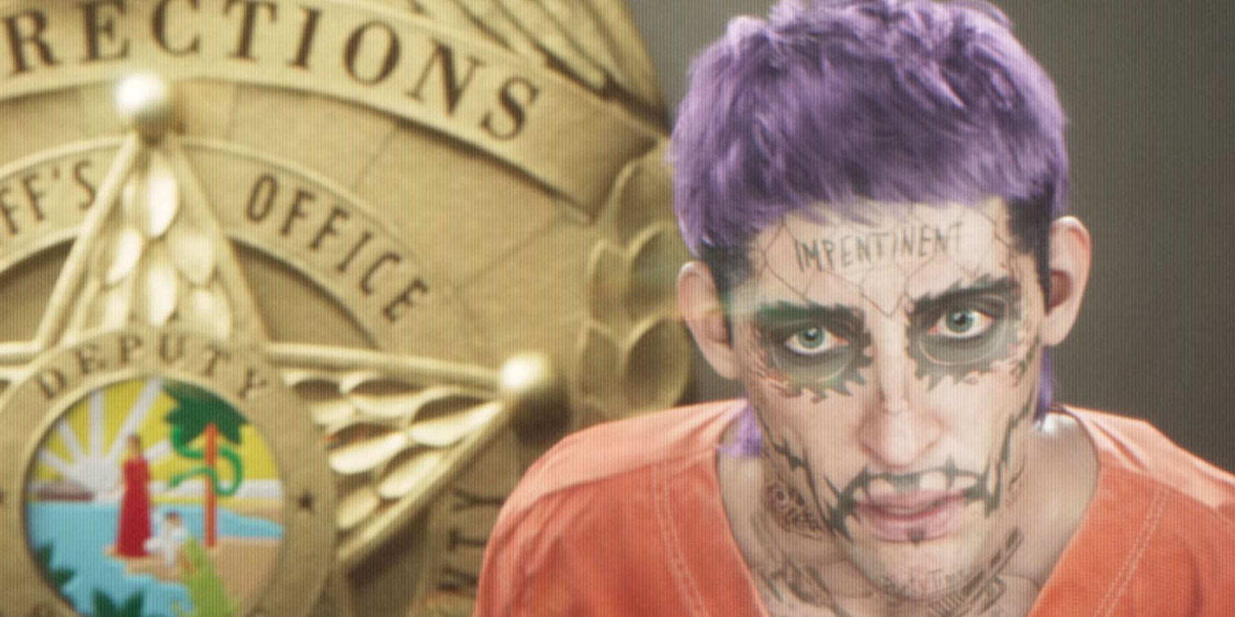 A close-up of a tattooed criminal with purple hair being taken to court in Grand Theft Auot 6.