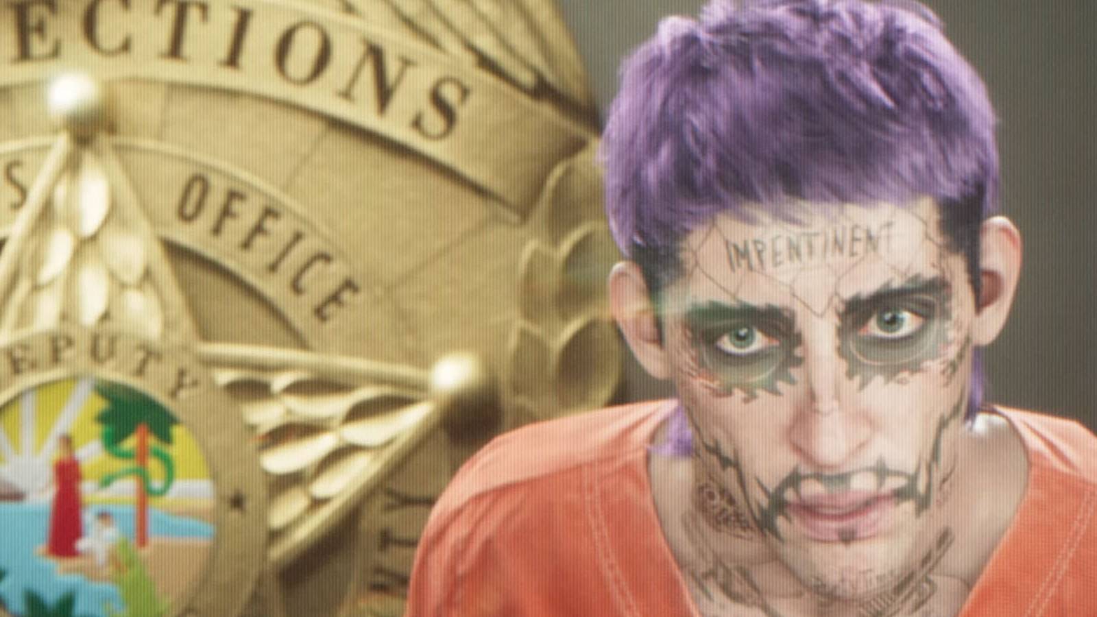 A close-up of a tattooed criminal with purple hair being taken to court in Grand Theft Auot 6.