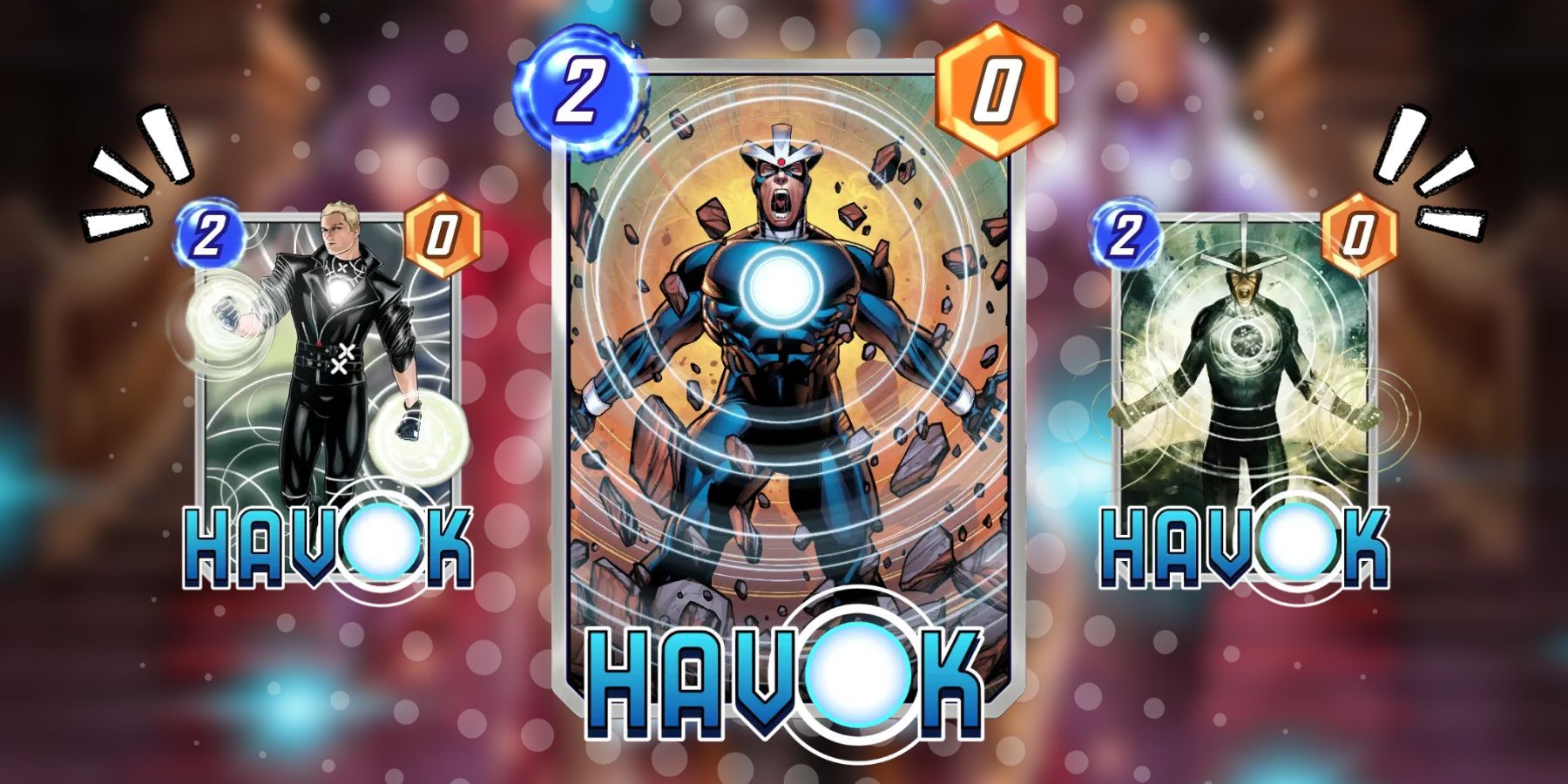 três variantes de Havok no Marvel Snap.