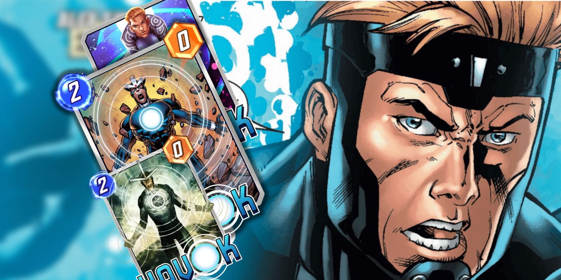 a batch of havok cards in marvel snap next to havok's image in marvel comics.