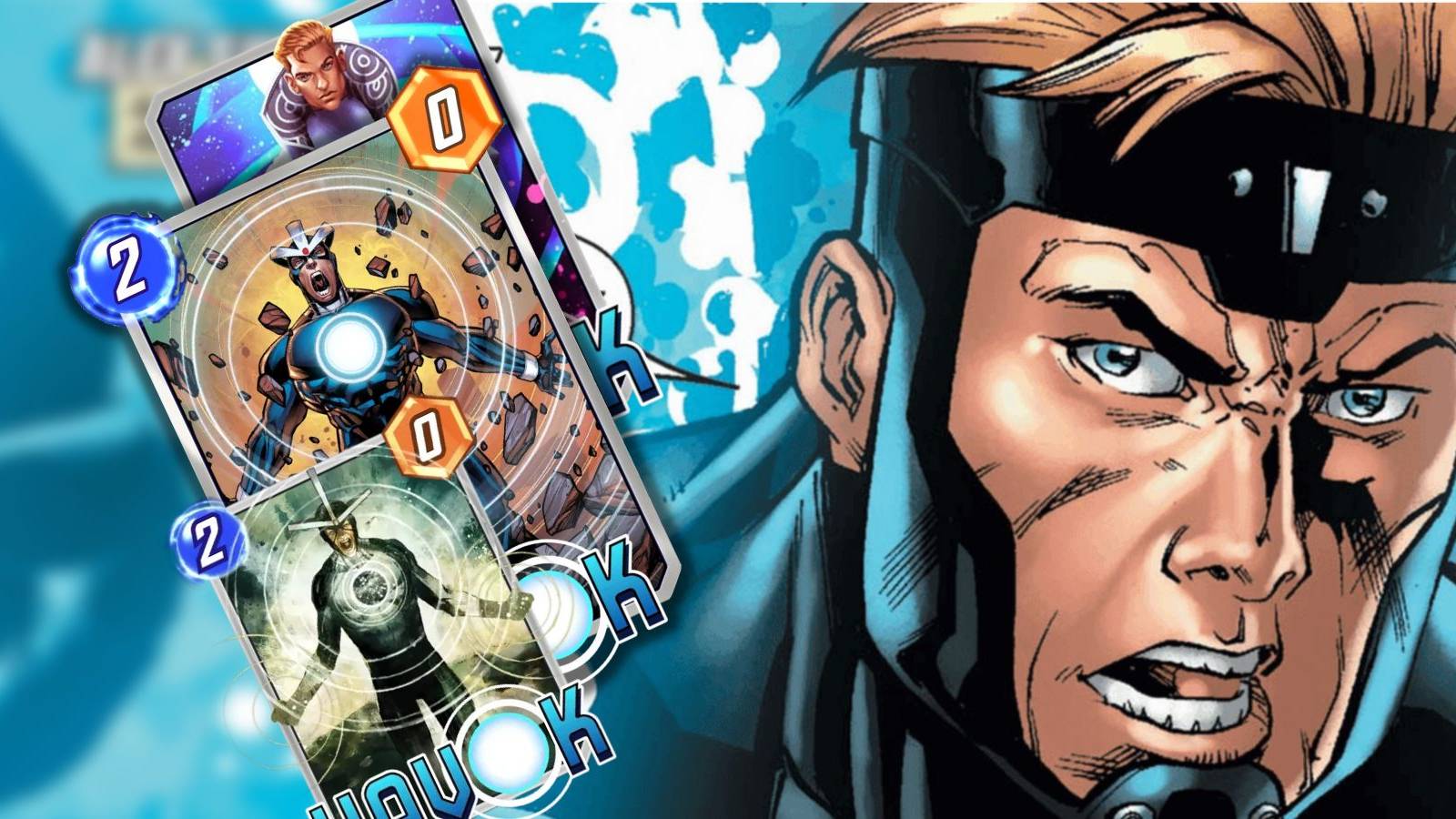 a batch of havok cards in marvel snap next to havok's image in marvel comics.