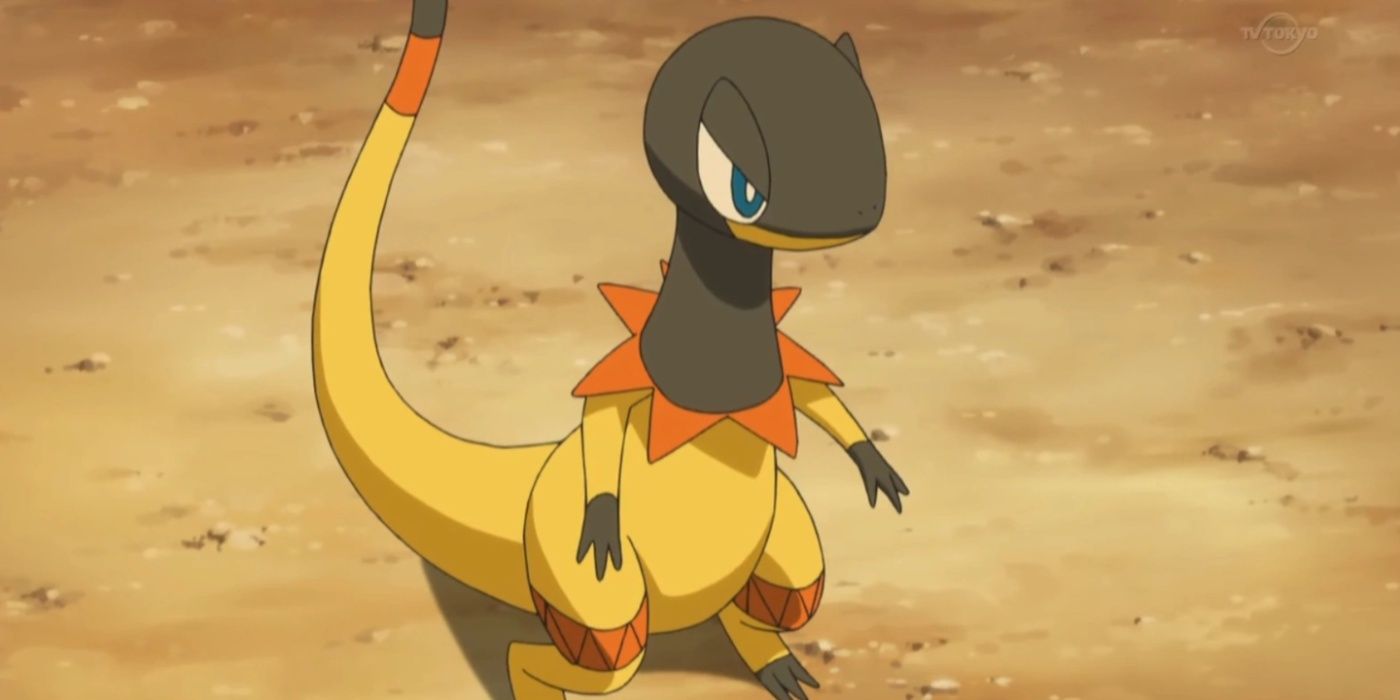 Pokemon Heliolisk in the TV show standing on dirt