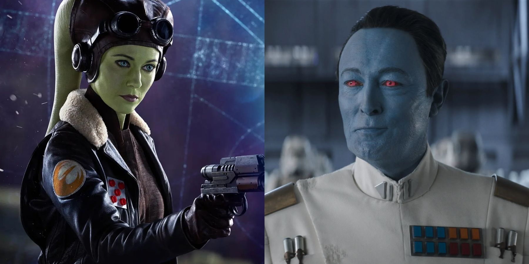 Mary Elizabeth Winstead as General Hera Syndulla and Lars Mikkelsen as Grand Admiral Thrawn on Star Wars: Ahsoka