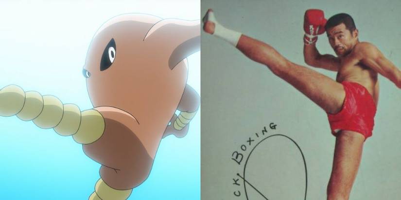 The Pokemon Hitmonlee alongside the japanese kick boxer Tadashi Sawamura.