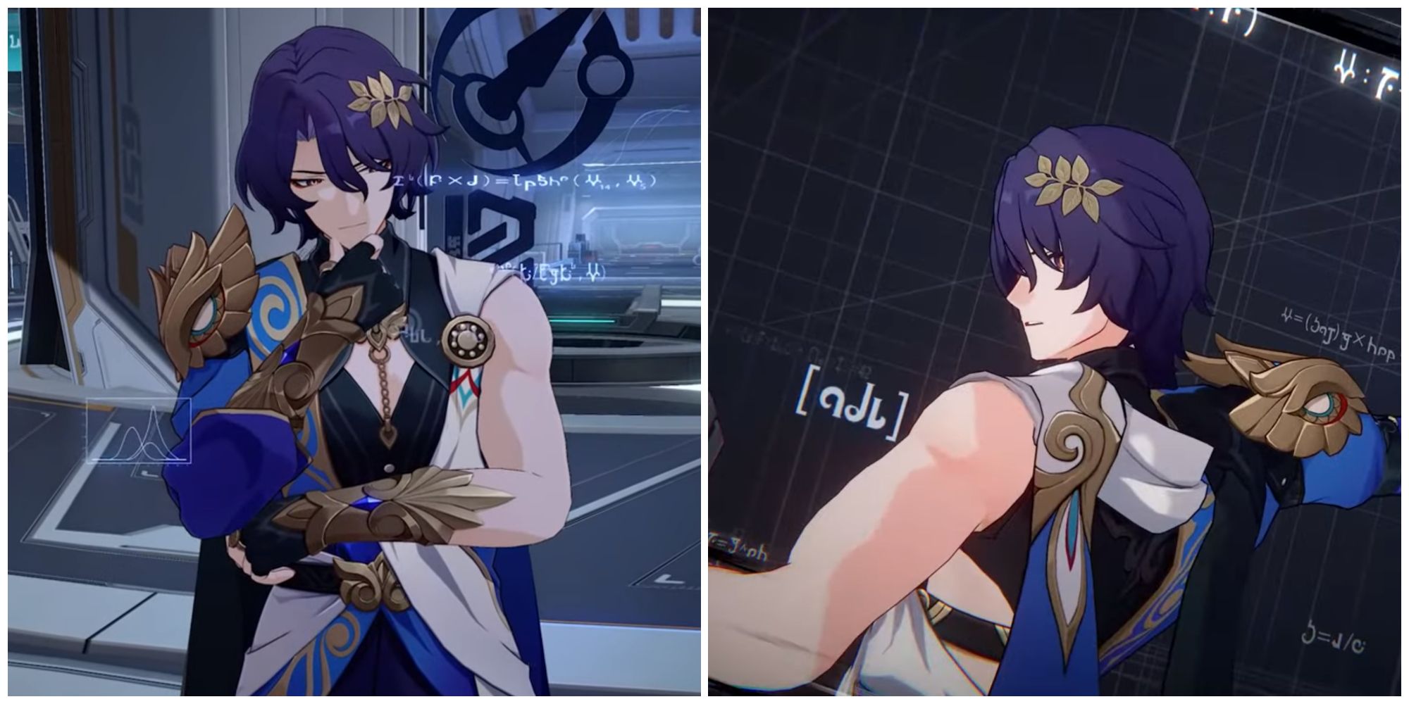 Split image of Dr. Ratio thinking and Dr. Ratio getting ready to attack in Honkai: Star Rail