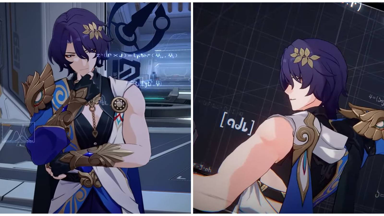 Split image of Dr. Ratio thinking and Dr. Ratio getting ready to attack in Honkai: Star Rail