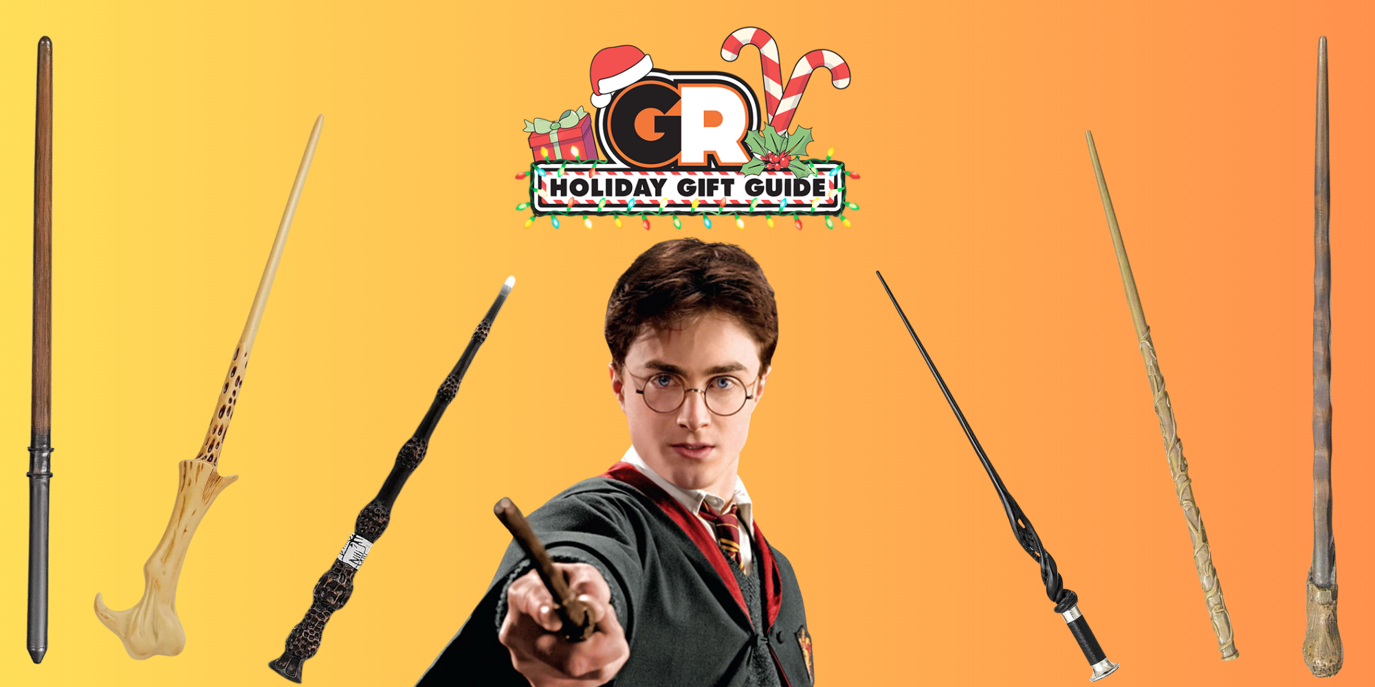 This images showcases six different wands from the Harry Potter series and has Harry in the middle point a wand at the audience. 