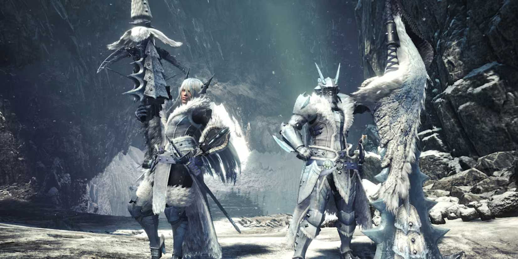 Hunters with Frostfang Barioth armor and weapons in Monster Hunter World