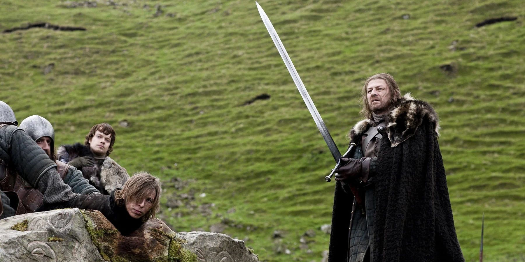 Ned Stark prepares to punish a man with his sword Ice