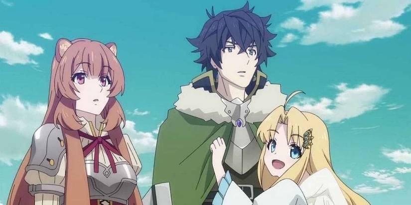 An image of Naofumi, Filo, and Raphtalia