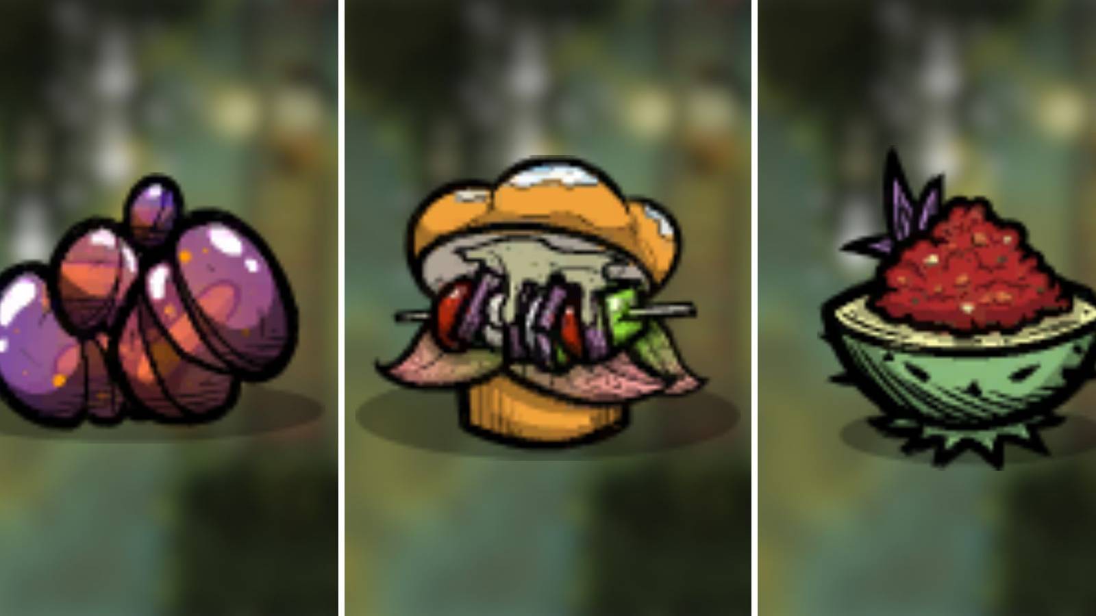 A grid of three different food sources in Oxygen Not Included