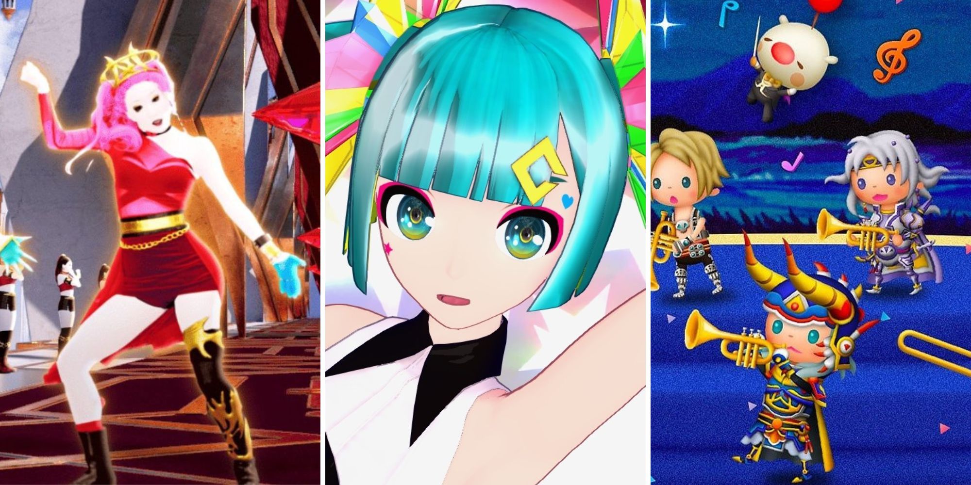 A grid showing the music games Just Dance 2024 Edition, Hatsune Miku: Project Diva Mega Mix, and Theatrhythm Final Bar Line