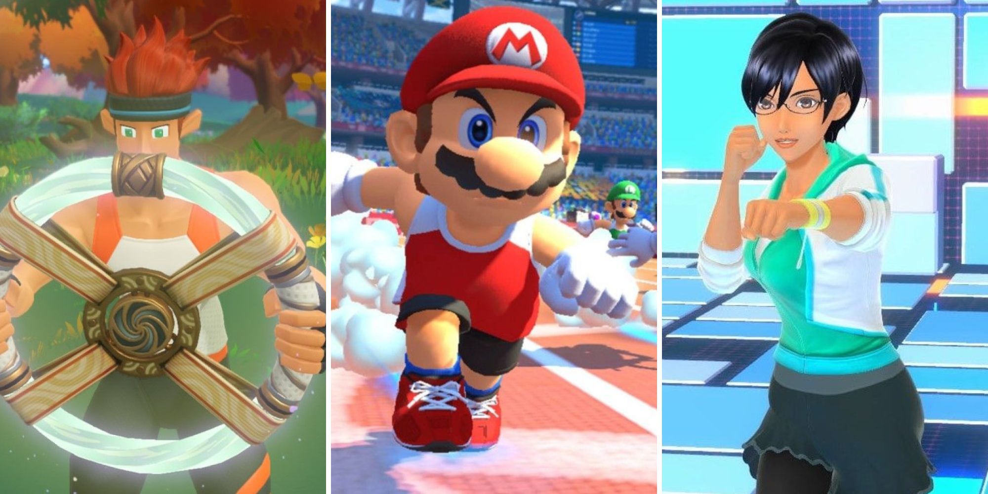 A grid showing the sports games Ring Fit Adventure, Mario & Sonic at the Olympic Games Tokyo 2020, and Fitness Boxing 2: Rhythm & Exercise