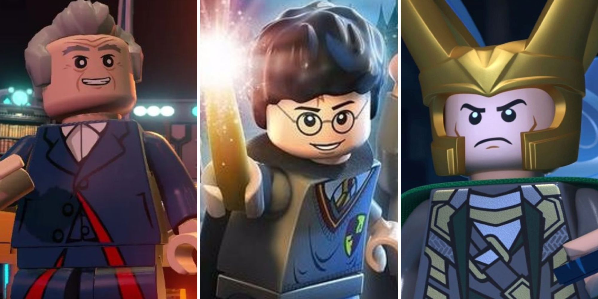 A grid of images showing the Lego games Lego Dimensions, Lego Harry Potter: Years 1-4, and Lego Marvel Super Heroes 