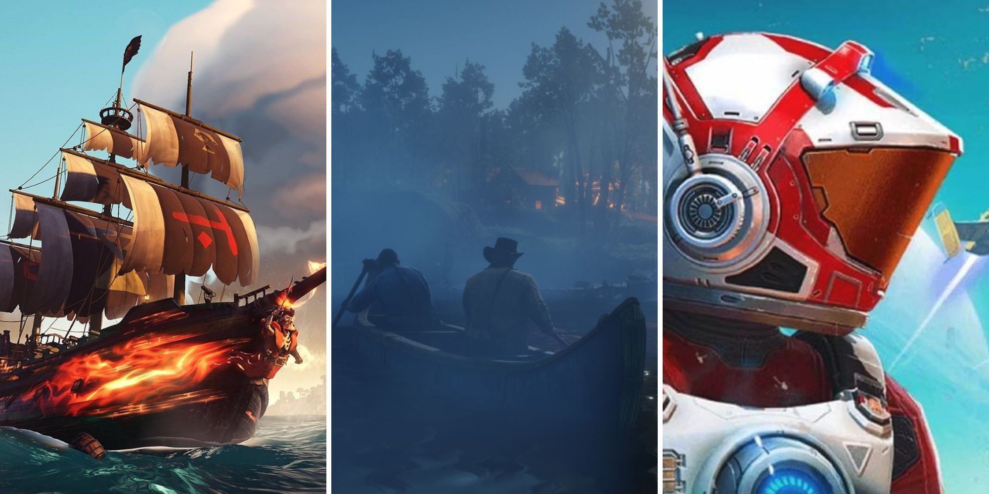Une grille montrant les trois jeux en monde ouvert sans grandes villes : Sea of ​​Thieves, Red Dead Redemption 2 et No Man's Sky