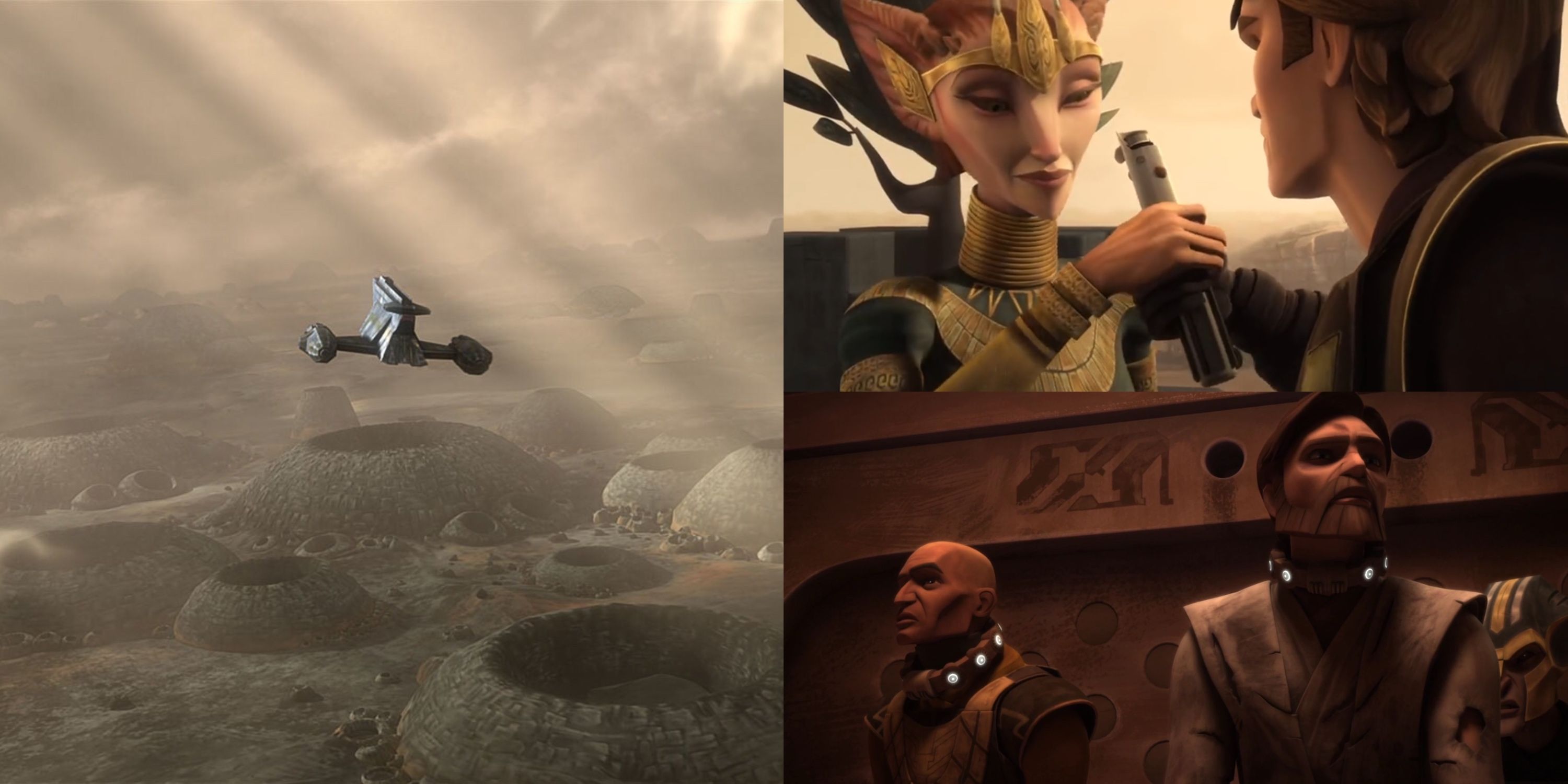 a superfície do planeta Kadavo;  Rainha Miraj pegando o sabre de luz de Anakin;  Obi-wan e Rex presos na instalação de processamento de kadavo
