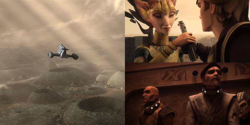 the surface of the planet Kadavo; Queen Miraj taking Anakin's lightsaber; obi-wan and rex imprisoned in the kadavo processing facility