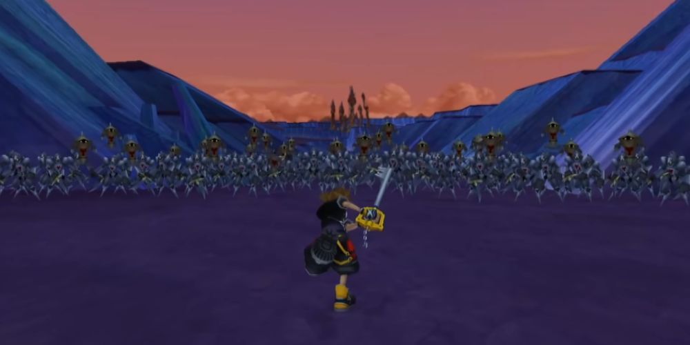 Sora na batalha contra 1000 Heartless, como visto em Kingdom Hearts 2 para PS2.2