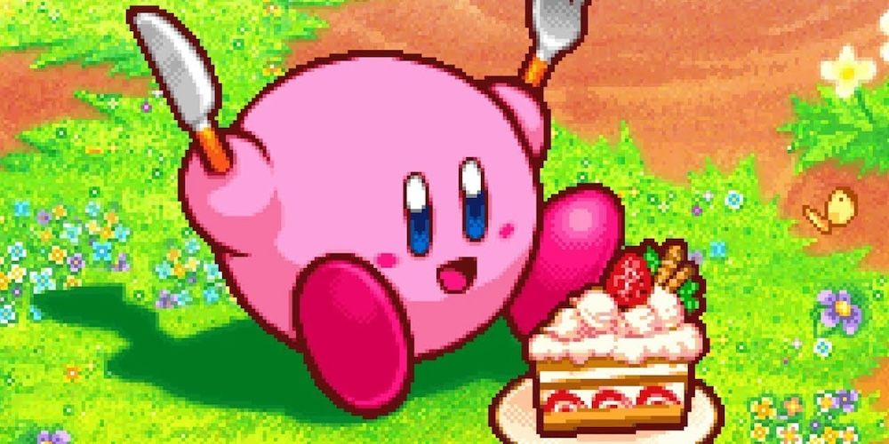 Kirby gets ready to eat in Kirby Squeak Squad