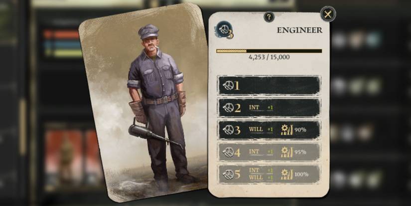 Two cards are on the screen. The left is a picture of an engineer from WW1. The right says "Engineer" with some ability icons underneath