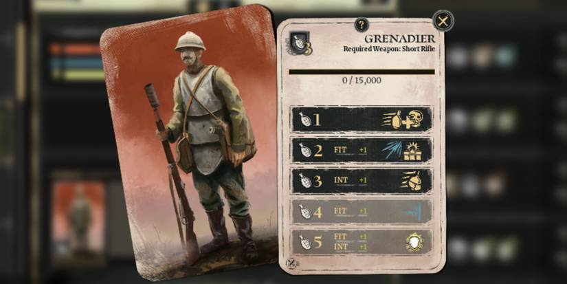 Two cards are on the screen. The left is a picture of a grenadier from WW1. The right says "grenadier" with some ability icons underneath