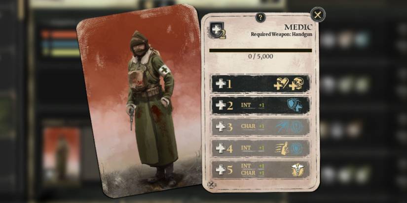Two cards are on the screen. The left is a picture of a medic from WW1. The right says "Meeic" with some ability icons underneath