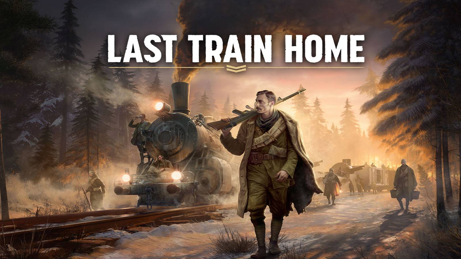 World War 1 soldiers stand around a train in the snow. The game's title appears in text at the top