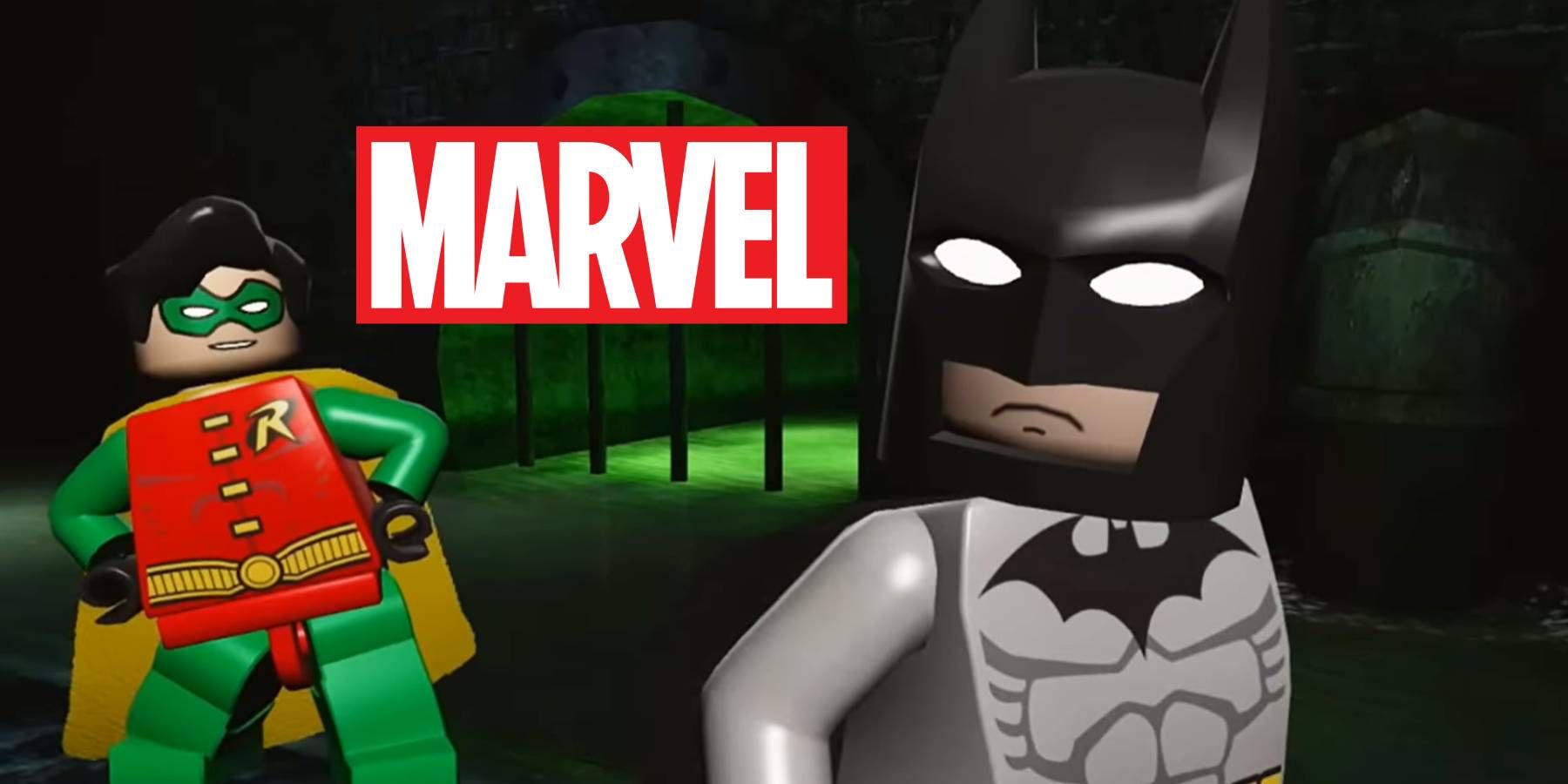 Batman and Robin from LEGO Batman looking at the Marvel logo