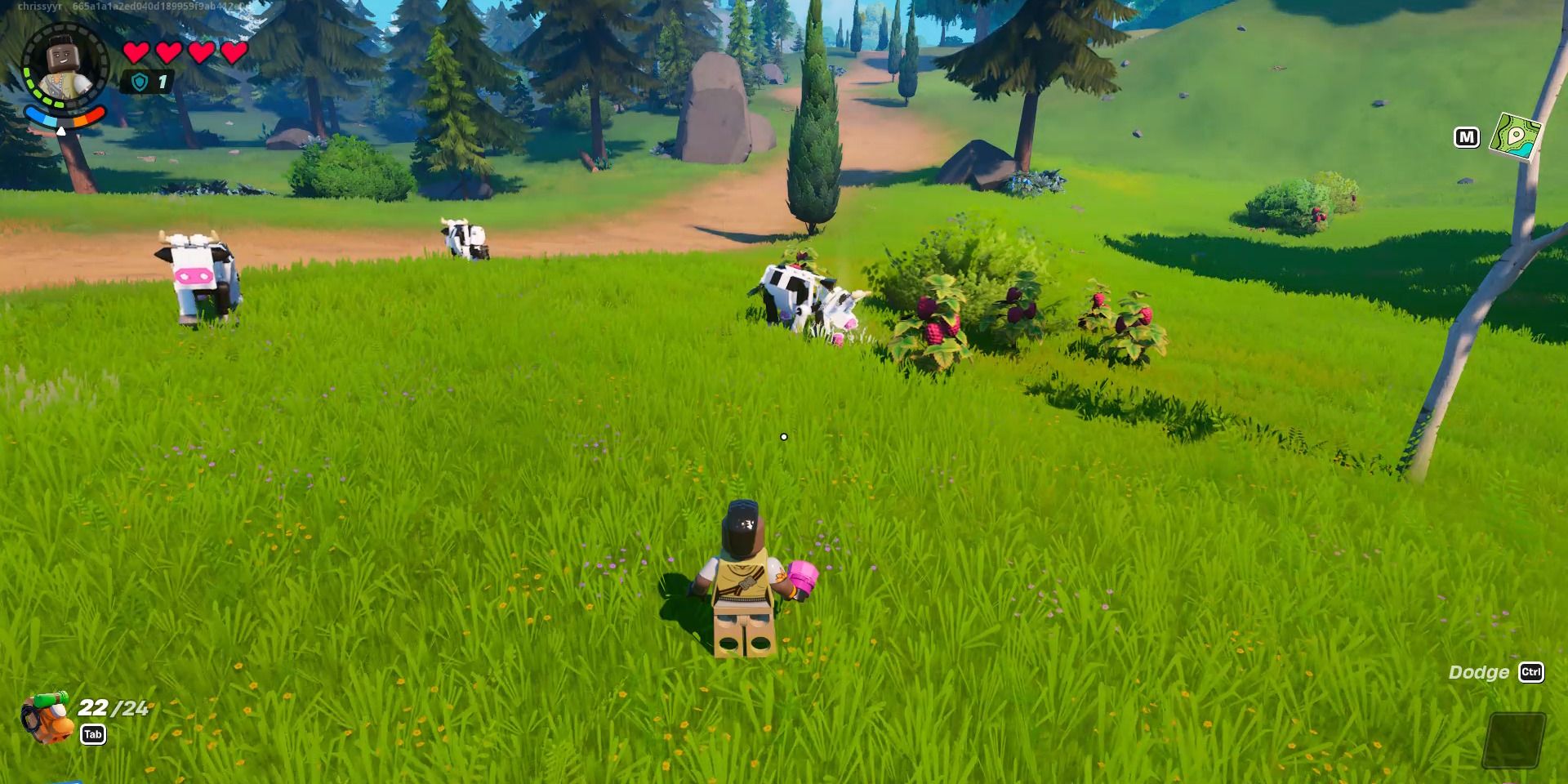Image of a player in front of a group of cows in Lego Fortnite