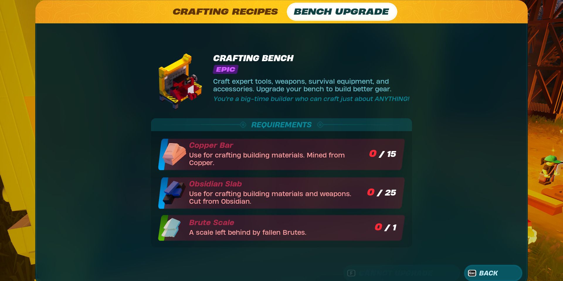 Image of the required materials for the Rare Crafting Bench in Lego Fortnite