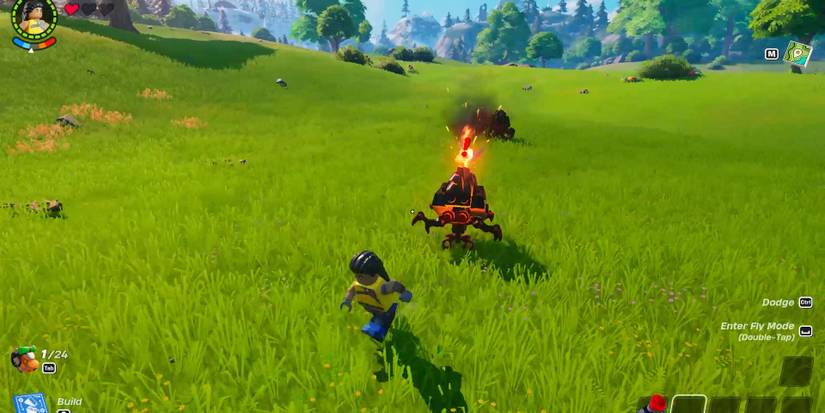 Image of a character running away from a Blaster enemy in Lego Fortnite