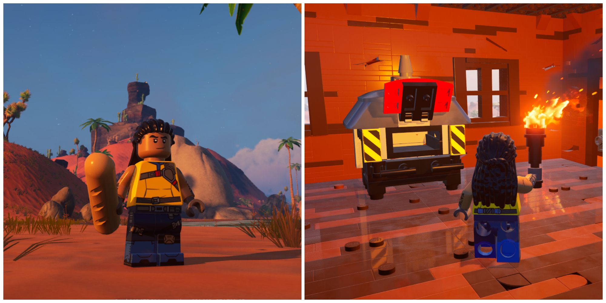 Split image of a character holding bread and a character standing in front of an oven in Lego Fortnite