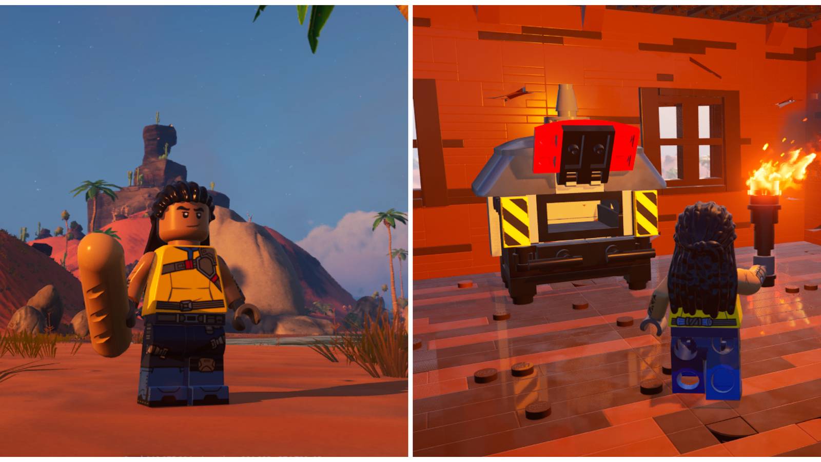 Split image of a character holding bread and a character standing in front of an oven in Lego Fortnite
