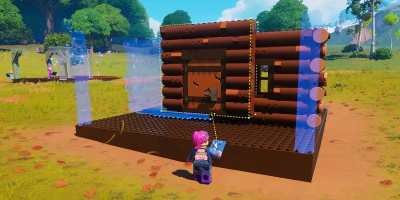 Brite Bomber building a log cabin in LEGO Fortnite