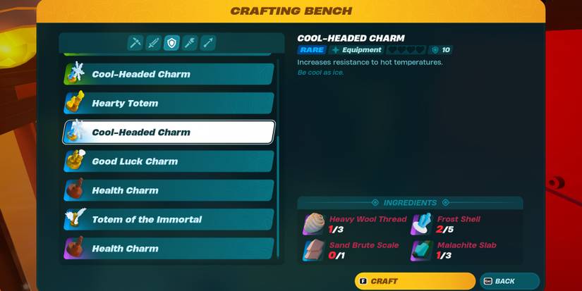 Image of the required ingredients for a rare Cool-Headed Charm in Lego Fortnite