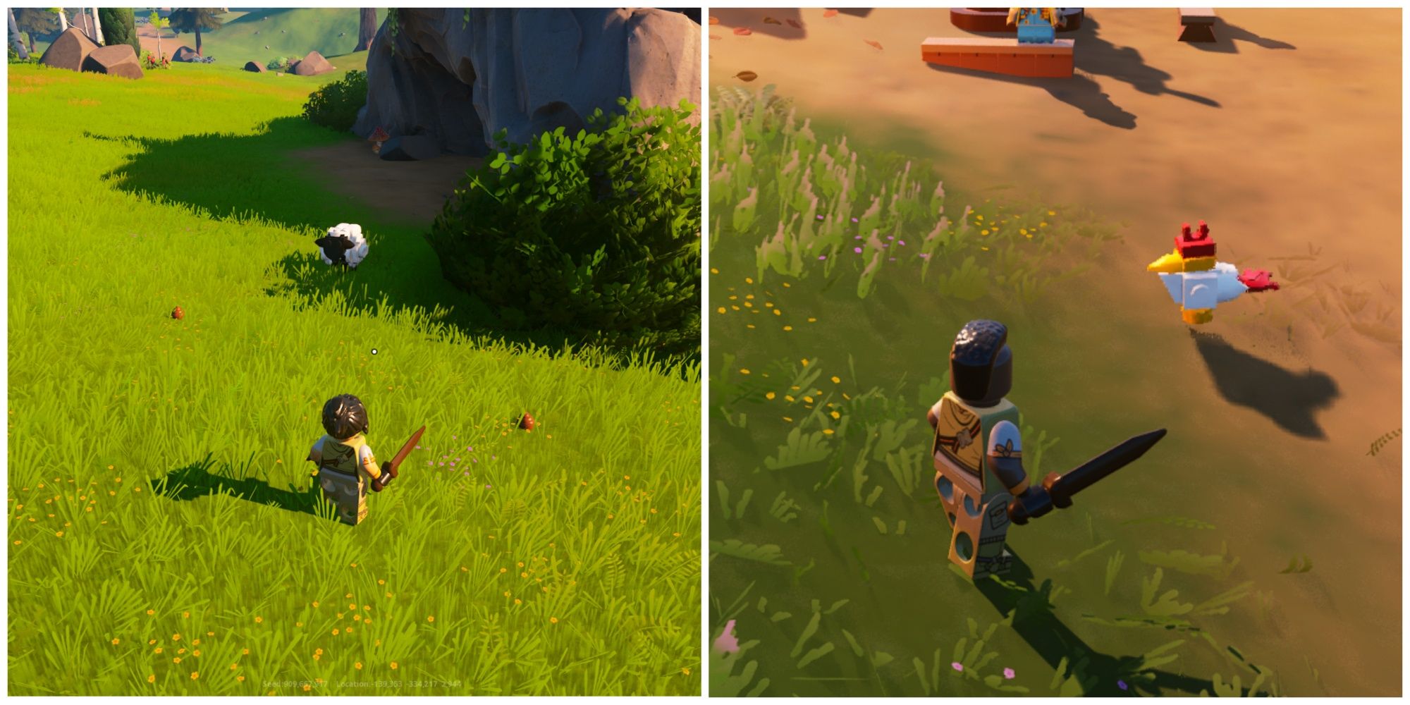 Split image of a player in front of a sheep and some fertilizer and with a chicken in Lego Fortnite