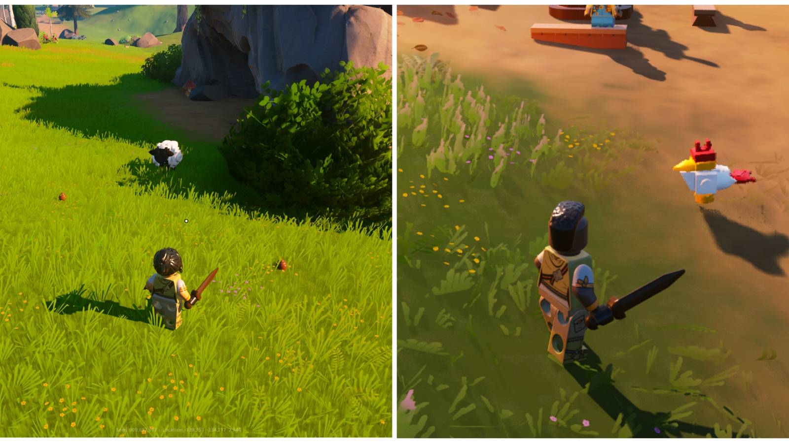 Split image of a player in front of a sheep and some fertilizer and with a chicken in Lego Fortnite