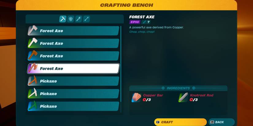 Image of the required ingredients to create a Rare Forest Axe in Lego Fortnite